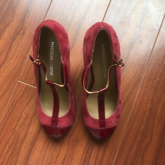 Madison Harding Emma T-Strap Wedges in Burgundy - Picture 2 of 5